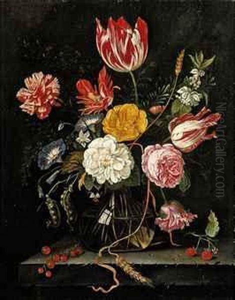 Tulips, Roses, Carnations And 
Other Flowers In A Glass Vase Withred Currants And Raspberries On A 
Stone Ledge Oil Painting by Cornelis De Heem