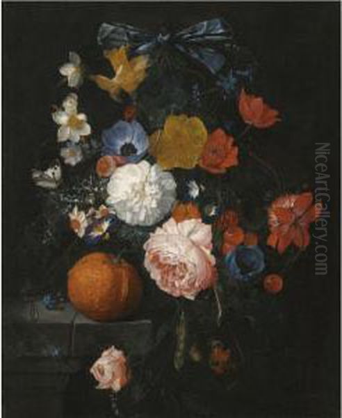A Still Life With Roses, 
Daffodils, Bluebells And Other Flowers Ona Stone Ledge With An Orange, 
Blackberries And Twobutterflies Oil Painting by Cornelis De Heem