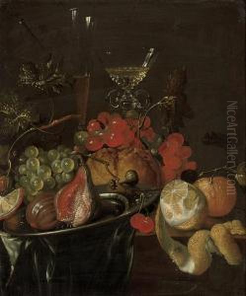 Figs And Grapes On A Pewter 
Platter, Two Glass Roemers, A Partlypeeled Lemon And An Orange On A 
Draped Wooden Ledge Oil Painting by Cornelis De Heem