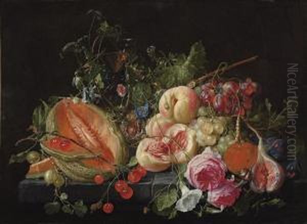 A Cut Melon, Cherries, 
Gooseberries, Peaches, Grapes, Figs, Plums,flowers, Snails And Insects 
On A Stone Ledge Oil Painting by Cornelis De Heem