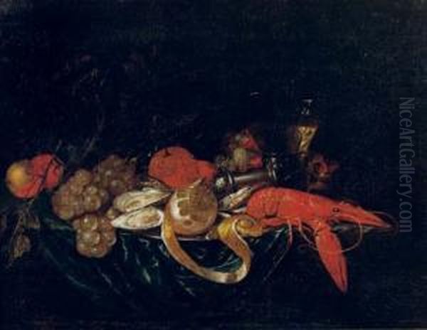 A Lobster, Oysters And A 
Partially Pealed Lemon On A Pewter Plate With Peaches, Grapes, Oranges, A
 Salt Sellar And A Glass Of Wine On A Draped Table Oil Painting by Cornelis De Heem