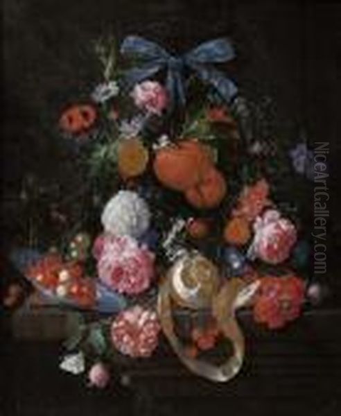 Stilleben Mit Orange, Rosen, 
Goldblume Und Anderen Blumen Uber Einer Steinplatte Mit Wan Li Schale 
Mit Walderdbeeren, Einer Geschalten Zitrone, Kirschen Und Brombeeren. Oil Painting by Cornelis De Heem