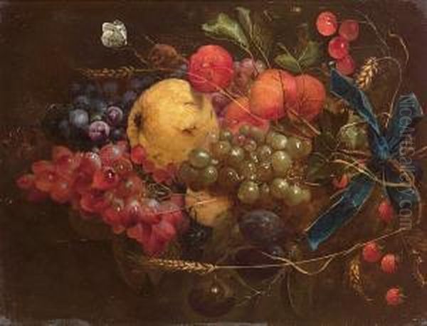 A Swag Of Cherries, 
Strawberries, Apricots, Grapes, Lemons, Plums And Ears Of Corn Hanging 
From A Blue Ribbon With A Cabbage White Butterfly, A Caterpillar And 
Other Insects Oil Painting by Cornelis De Heem