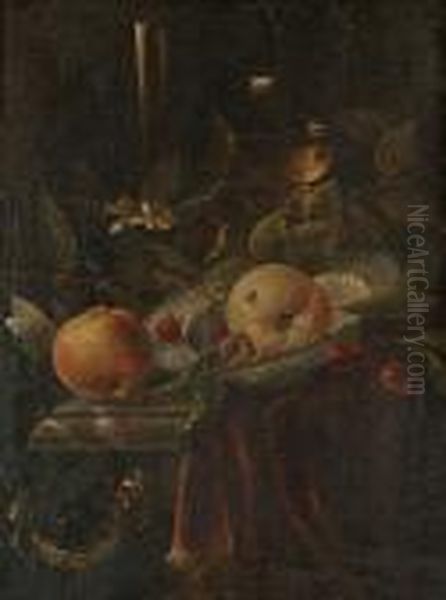 A Still Life Of A Facon De 
Venise, A Roemer, Cherries And Wan-li Kraak Bowls On A Marble Ledge, 
Draped With A Red Velvet Cloth In A Stone Niche Oil Painting by Cornelis De Heem