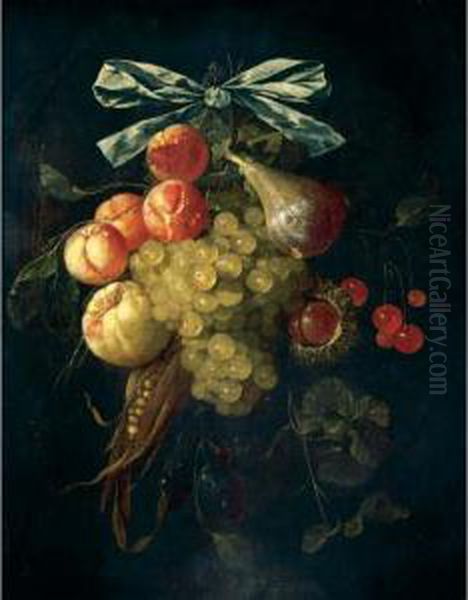 A Swag Of Abricots, Grapes, 
Cherries, A Fig, Chestnuts, Corn And Oranges Tied With A Blue Ribbon Oil Painting by Cornelis De Heem