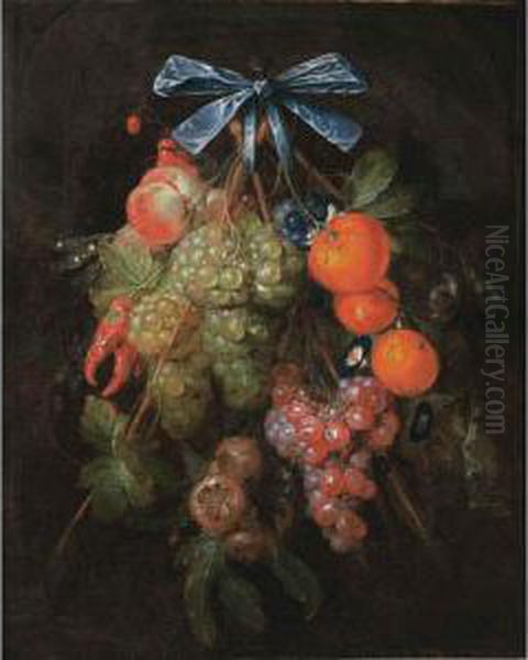 A Festoon Of Grapes, A Peach, 
Oranges, Cherries, Red Peppers, Blackberries And Medlars, Together With 
Pea Pods, Morning Glory And Two Woodsnails, All Tied Together With A 
Blue Ribbon And Hanging From A Nail Oil Painting by Cornelis De Heem