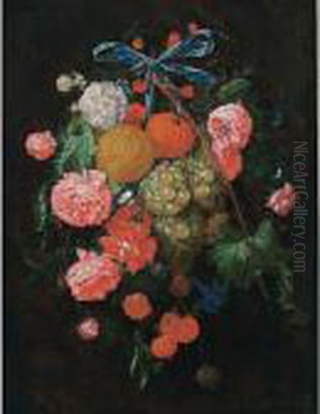 A Festoon Of Roses, Morning 
Glory, An Orange, Mandarines, Grapes, Cherries And Pea Pods, Tied 
Together With A Blue Ribbon And Hanging From A Nail Oil Painting by Cornelis De Heem