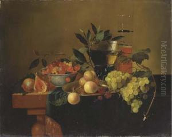 Peaches, Grapes, Figs And Other 
Fruit In A Wanli Bowl And Silverplate On A Partially Covered Table With A
 Roemer And A Fluteglass Oil Painting by Cornelis De Heem