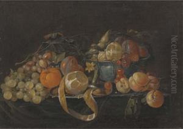 A Partly-peeled Lemon On A 
Pewter Plate, And Plums, Cherries And Other Fruit In A Porcelain Bowl, 
With Grapes, Plums, A Gherkin And Peaches On A Partly-draped Table Oil Painting by Cornelis De Heem