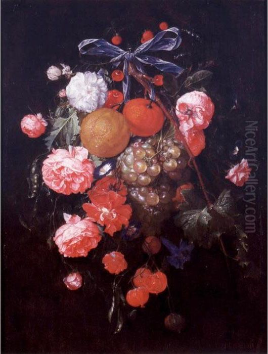 A Bouquet Of Flowers And Fruit 
With Pea Pods, Tied Together With A Blue Ribbon And Hanging From A Nail Oil Painting by Cornelis De Heem