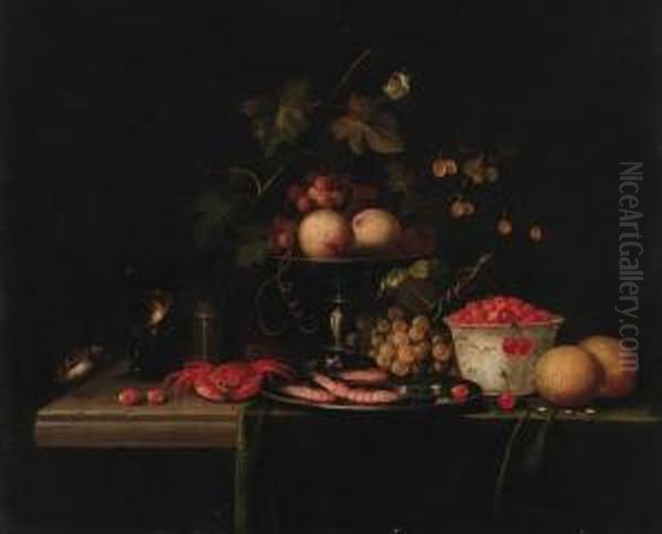 Grapes On A Vine With 
Gooseberries In A Tazza, Prawns In A Pewter Dish, A Crab, A Bowl Of 
Strawberries Oil Painting by Cornelis De Heem
