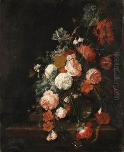 Roses, Poppies, Ears Of Corn And
 Other Flowers In A Glass Vase,with Snails, A Moth, A Spider And A 
Butterfly On A Stoneledge Oil Painting by David Cornelisz. de Heem