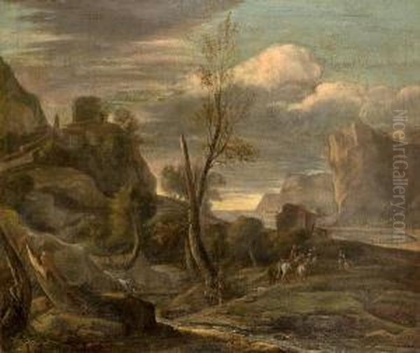 Travellers On A Path Before A Coastal Landscape Oil Painting by Jacob De Heusch