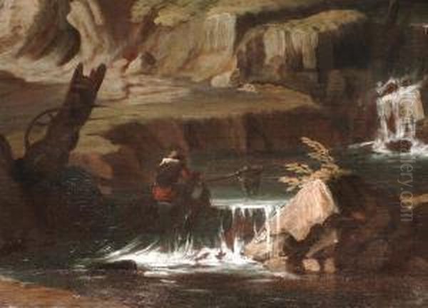 Felsige Herbstlandschaft Mit
 Wasserfall Und Figurenstaffage Oil Painting by Jacob De Heusch