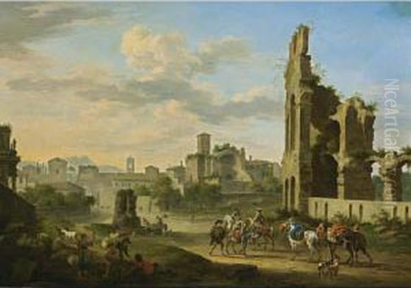 Rome: A View Of The Forum 
Romanum With Horsemen And Mules With Travellers In The Foreground 
Together With Shepherds And Their Herd Making Music Oil Painting by Jacob De Heusch