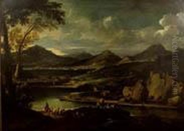 Paesaggio Fluviale Con
Viandanti E Pescatori Oil Painting by Jacob De Heusch