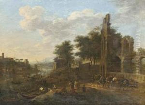A River Landscape With 
Travellers On A Path And Peasants Conversing By Moored Ships, A Town 
Beyond Oil Painting by Jacob De Heusch