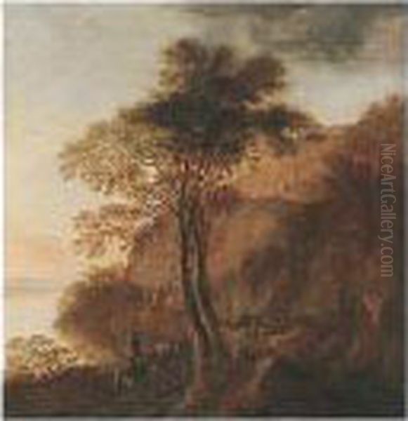 A Southern Landscape With 
Drovers And Their Mules On A Path Beside A Lake, A House On The Hill-top
 Beyond Oil Painting by Willem de Heusch