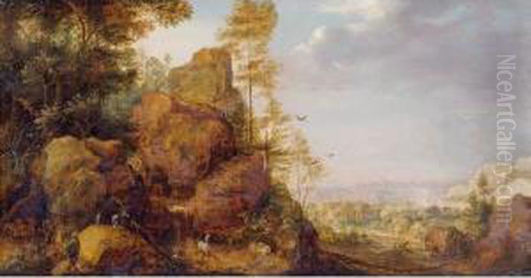 A Mountainous Landscape With A 
Rocky Outcrop By The Edge Of A Wood, Goats And A Reindeer Resting By A 
Waterfall, A Village In An Extensive Landscape Beyond Oil Painting by Gillis Claesz De Hondecoeter