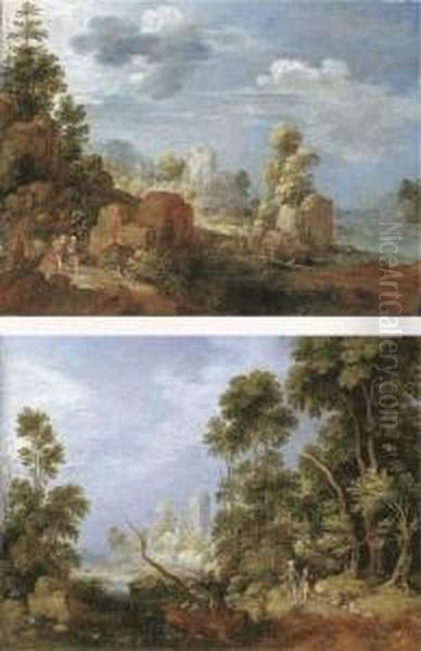 A Wooded River Landscape With 
Travellers And A Dog On A Path, Cattle By A Ford Beyond; And A Wooded 
River Landscape With Figures On A Path Oil Painting by Gillis Claesz De Hondecoeter