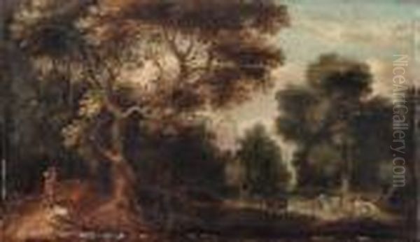 A Wooded River Landscape With A 
Traveller And A Dog On A Path,cattle Watering And Figures Resting, A 
Church Beyond
Signed With Initials 'g. Dh' ('dh' Linked) Oil Painting by Gillis Claesz De Hondecoeter