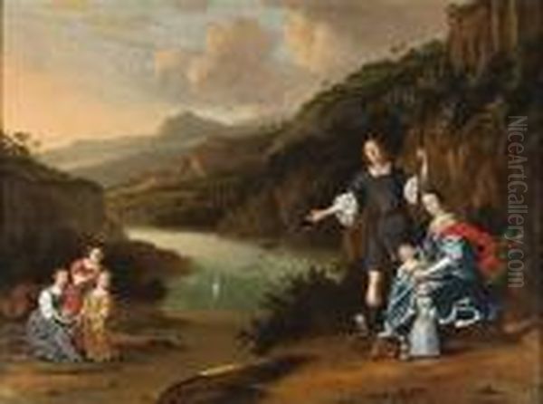 A Group Portrait Of A Family, 
Standing Full-length, In An Italianate Landscape, With Swans On A Lake 
With A Hilltop Fortress And Mountains Beyond Oil Painting by Horatius Hooch