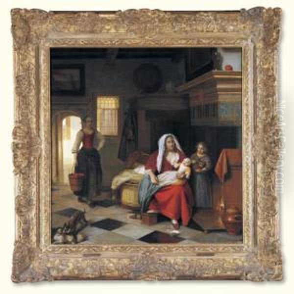 An Interior With A Mother And 
Her Children Before A Fireplace, A Maid Carrying A Pail Of Water Behind Oil Painting by Pieter De Hooch