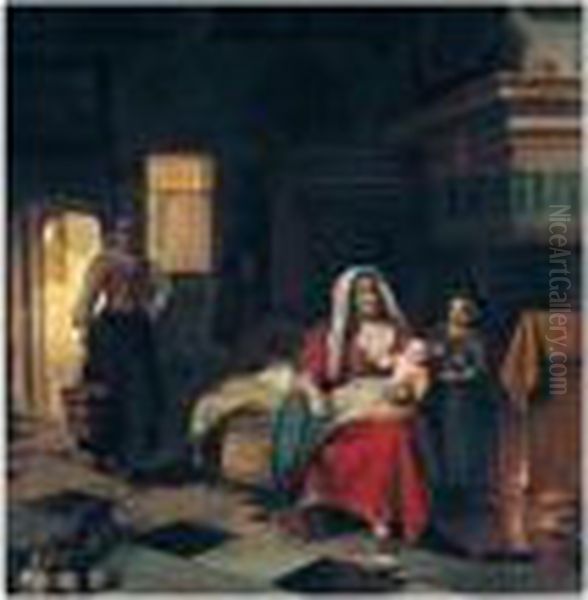 A Domestic Interior With A 
Mother Nursing Her Children Before A Fireplace, A Maid Carrying A Pail 
Of Water Behind Oil Painting by Pieter De Hooch