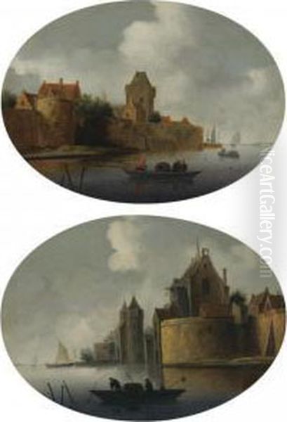 A River Estuary With A Fortified
 Village On The Left Bank, A Rowing Boat In The Foreground Oil Painting by Reinier Van Der Laeck