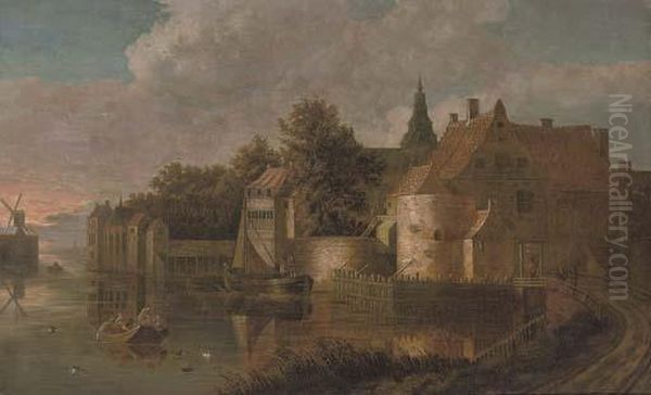 A Fortified Canal-side Town With Fisherman In The Foreground Oil Painting by Reinier Van Der Laeck