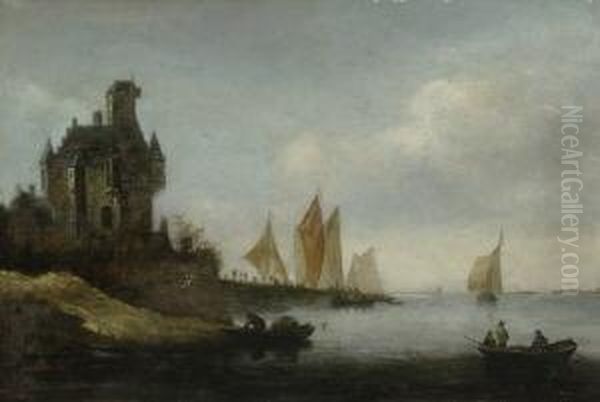 Schlos Mit Eckturmchen Und
 Bootssteg Am Linken Ufer Eines Flusses. Oil Painting by Reinier Van Der Laeck