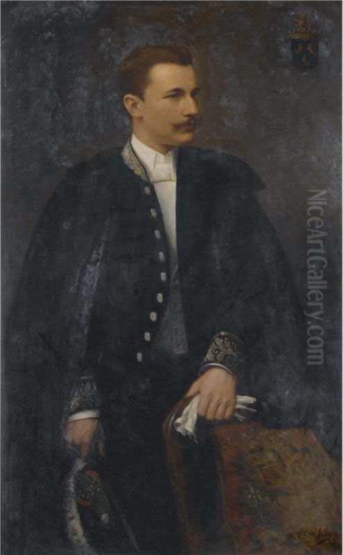 Portrait Of A Young Man, 
Depicted Three Quarter Length, Wearing A Uniform And A Dark Cloack. 
Member Of The De Caters Family. Oil Painting by Edouard De Jans
