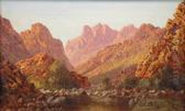 Solbelyst Bergslandskap, I 
Forgrunden Vattendrag. Motiv Fran Sydafrika. Signerad. Duk, 31x50 Oil Painting by Tinus De Jong