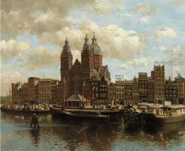 St. Nicolaas Kerk Met Het Open Havenfront Oil Painting by Tinus De Jong