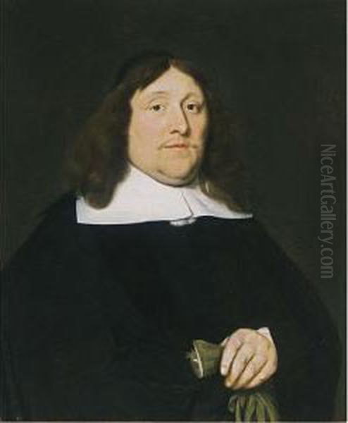 A Portrait Of A Gentleman, Half 
Length, Wearing A Black Costume With White Collar And Black Beret, 
Holding Gloves In His Left Hand; A Portrait Of His Wife, Half Length, 
Wearing A Black Dress With White Lace Collar, Cuffs And Bonnet, Holding A
 Fan  Oil Painting by Ludolf de Jongh