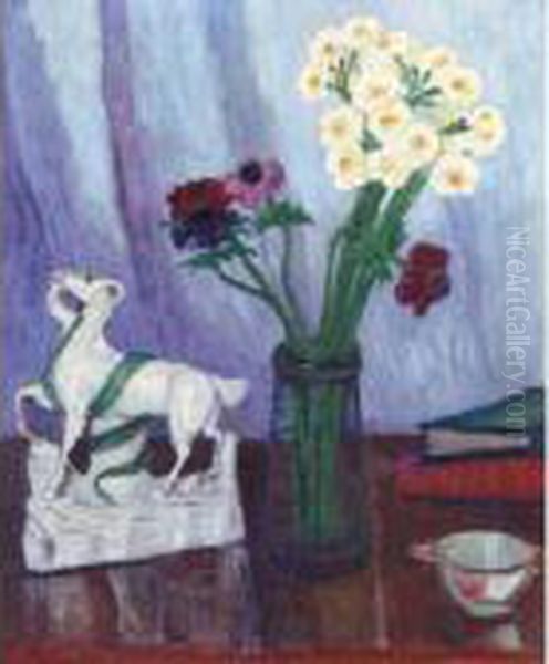 Still Life With Goat Figurine Oil Painting by Stanislawa De Karlowska