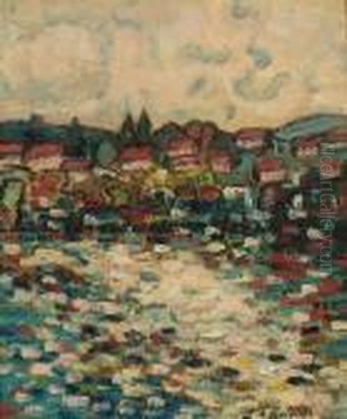 Town On The Banks Of A River Oil Painting by Stanislawa De Karlowska