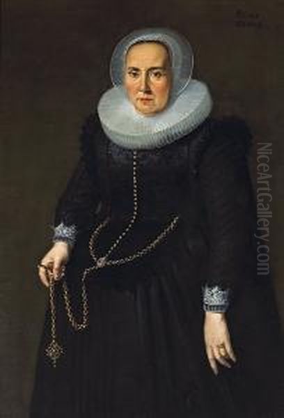 A Portrait Of A Lady, 
Three-quarter Length, Ina Black Dress With An Embroidered Bodice, Lace 
Cuffs And Collar,holding A Large Gold Chain Oil Painting by Thomas De Keyser