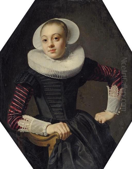 Portrait Of A Lady, Seated 
Three-quarter-length, In A Black Dress With Red Slashed Sleeves, Lace 
Cuffs And A Ruff Oil Painting by Thomas De Keyser