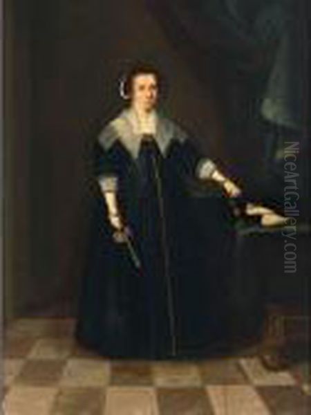 A Portrait Of A Gentleman, 
Standing Full-length In A Loggia, Wearing A Black Suit With A White Lace
 Collar;a Portrait Of A Lady, Standing Full-length In An Interior Next 
To A Table, Wearing A Black Dress, With A Lace Collar, Holding A Watch 
And A  Oil Painting by Thomas De Keyser