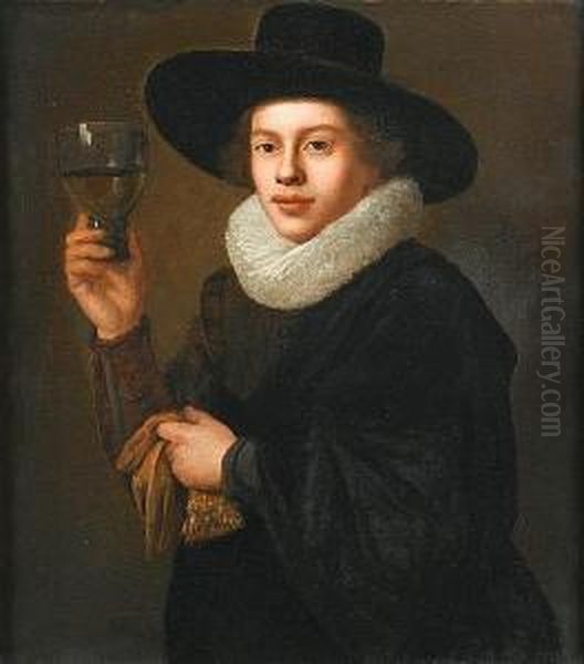 Portrait Of A Gentleman, Small 
Half-length, In Black Costume With A Ruff And A Black Hat, Holding 
Gloves And A Roemer Oil Painting by Thomas De Keyser