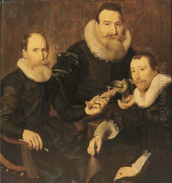 Group Portrait Of Three 
Gentlemen, Three-quarter-length, Seated In Black Costumes With Lace 
Collars And Cuffs Oil Painting by Thomas De Keyser