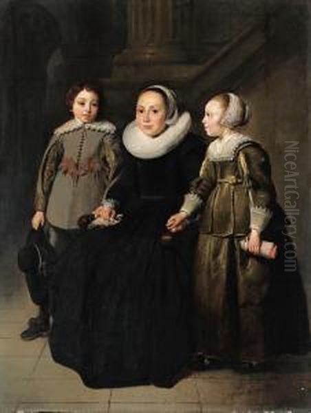 Portrait Of A Lady, Full-length 
Seated, In A Black Dress With Whiteruff And Cap, Holding A Handkerchief,
 With Her Son In A Greydoublet With Slashed Sleeves, Holding A Hat, And 
Her Daughter In Agreen Dress With White Collar And Cuffs And Embroidered Oil Painting by Thomas De Keyser