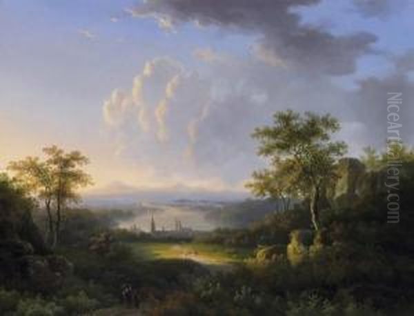 Late Summer Morning. View From A
 Hillside On An Idyllic River Landscape. Signed And Dated Bottom Right: 
W. De Klerk 1854 Oil Painting by Willem De Klerk