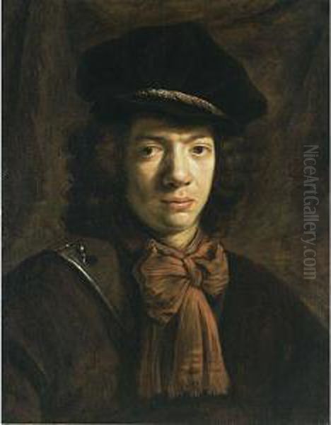 A Portrait Of A Young Man, Bust 
Length, Wearing A Cuirass With A Red Shawl, A Cravat And A Beret Oil Painting by Daniel De Koninck