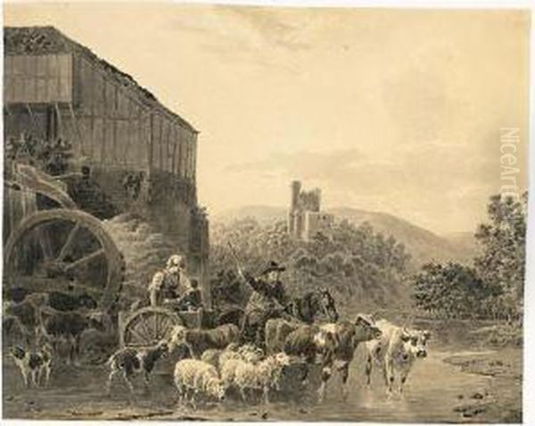 A Farmer Driving A Woman And 
Child Across A Ford In A Horse And Cart, With His Herd Surrounding Him Oil Painting by Leendert de Koningh