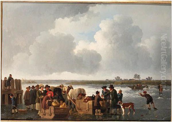 A Winter Landscape With 
Cattle-traders And Push- And Horse-drawnsledges On A Frozen River Oil Painting by Leendert de Koningh