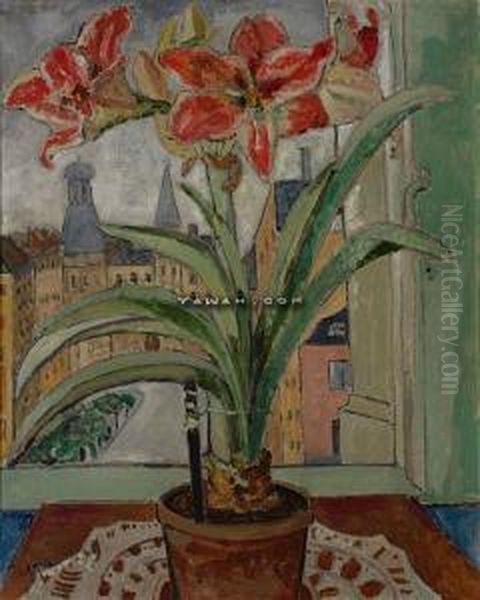 Oppstilling I Vinduskarm Olje Pa Plate Oil Painting by Julie Holmberg De Krohn