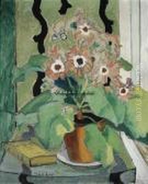 Stilleben Med Blomster Og Bok Olje Pa Lerret Oil Painting by Julie Holmberg De Krohn