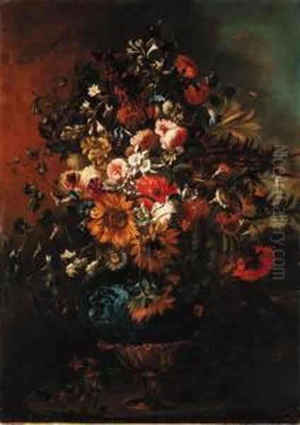 Roses, Sunflowers, Carnations, 
Morning Glory, Lilies And Otherflowers In An Ornamental Vase Oil Painting by Gabriel De La Corte